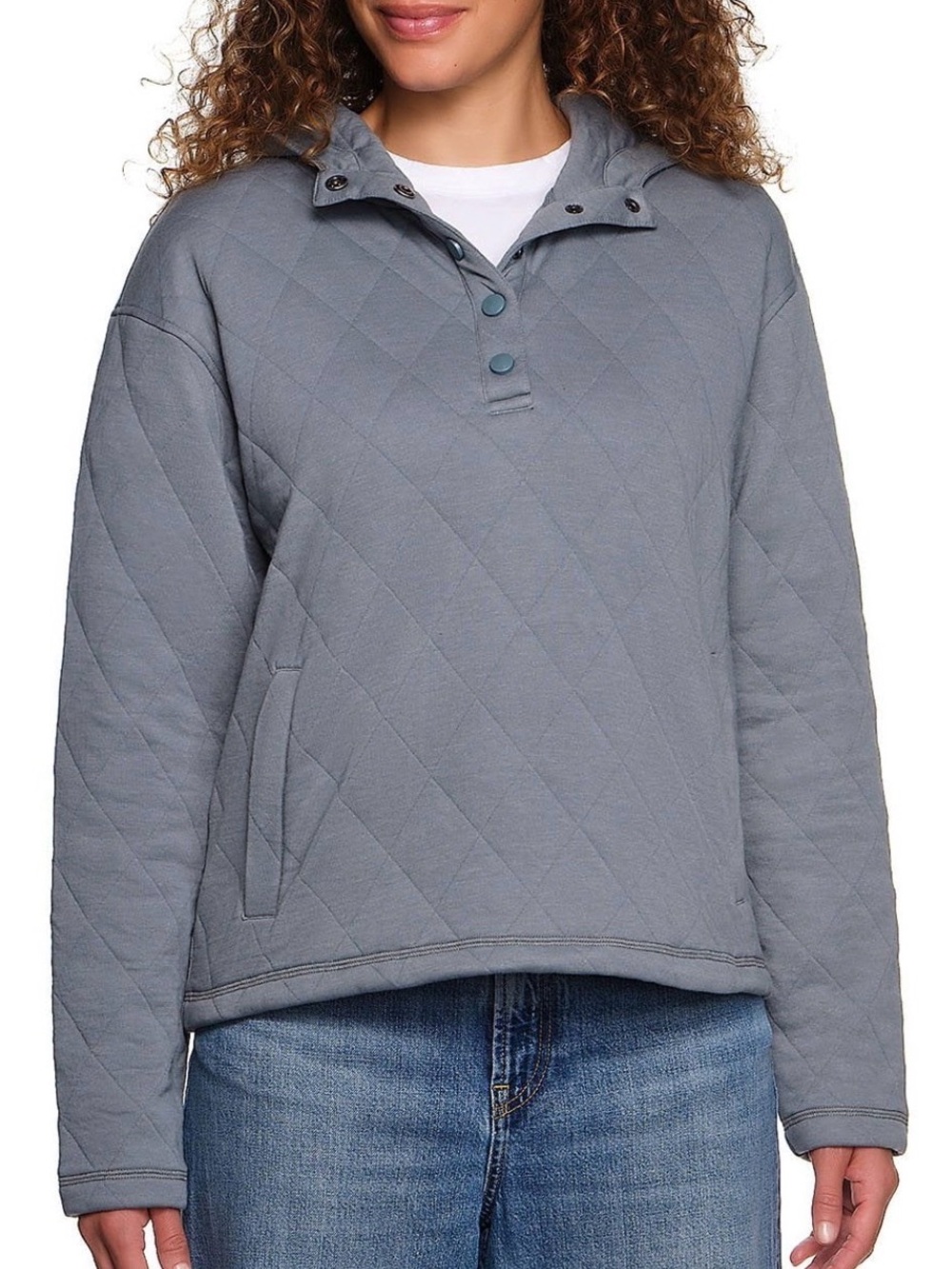 Lands' End Light Blue Quilted Snap-Button Pullover Hoodie Womens XL NWT